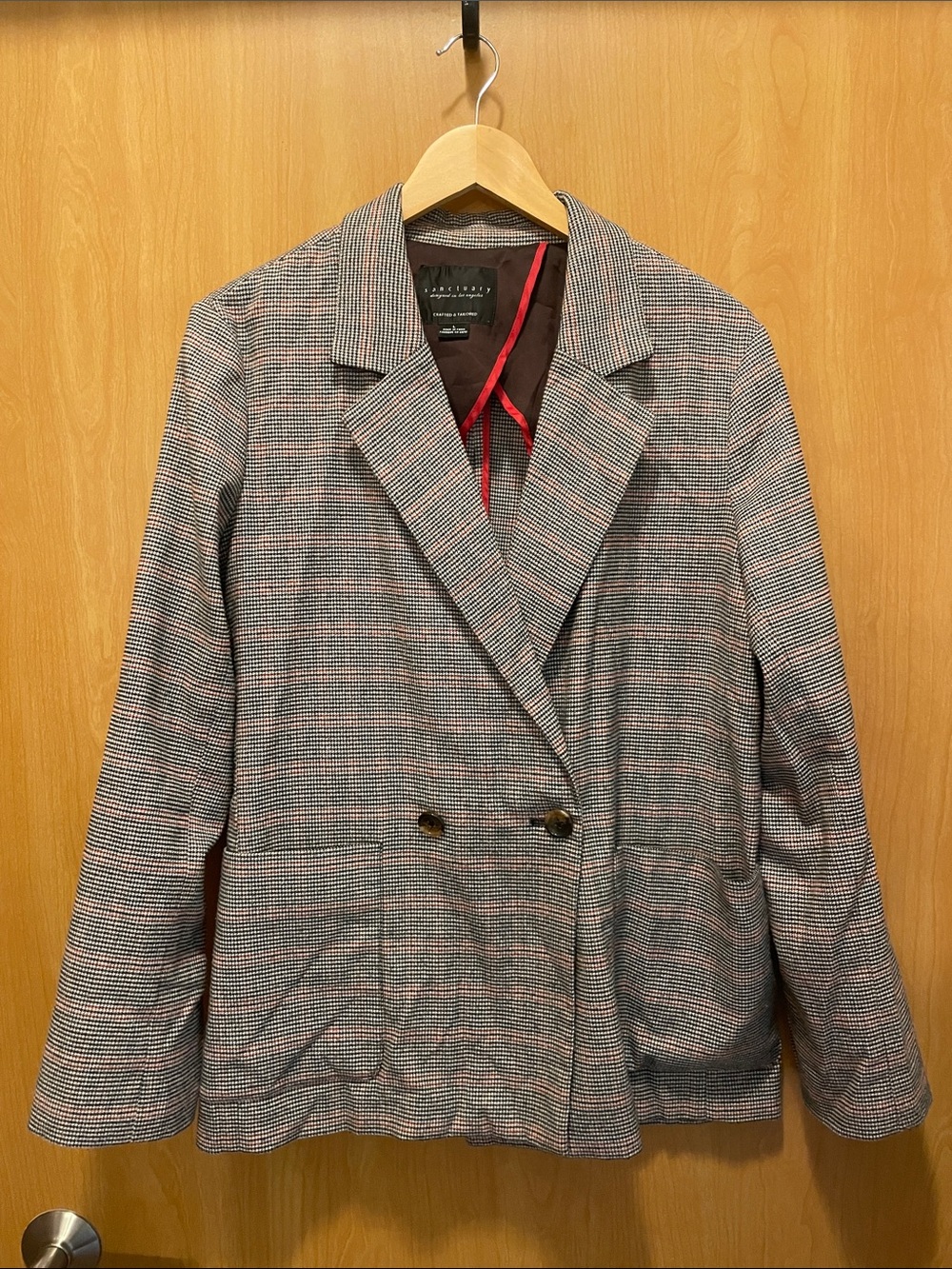 Sanctuary Houndstooth Double-Breasted Blazer in Gray with Red Accents